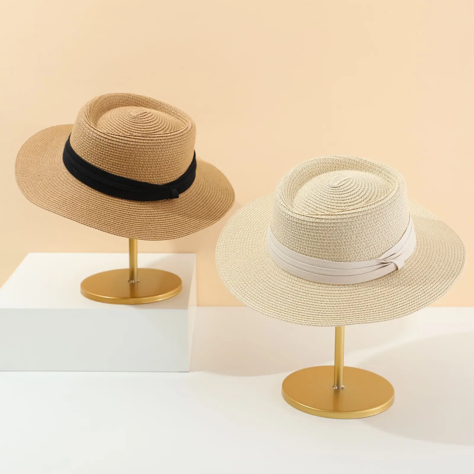 Women British Retro Concave Round Sun Casual Beach Straw Hat With Cotton Ribbon Band