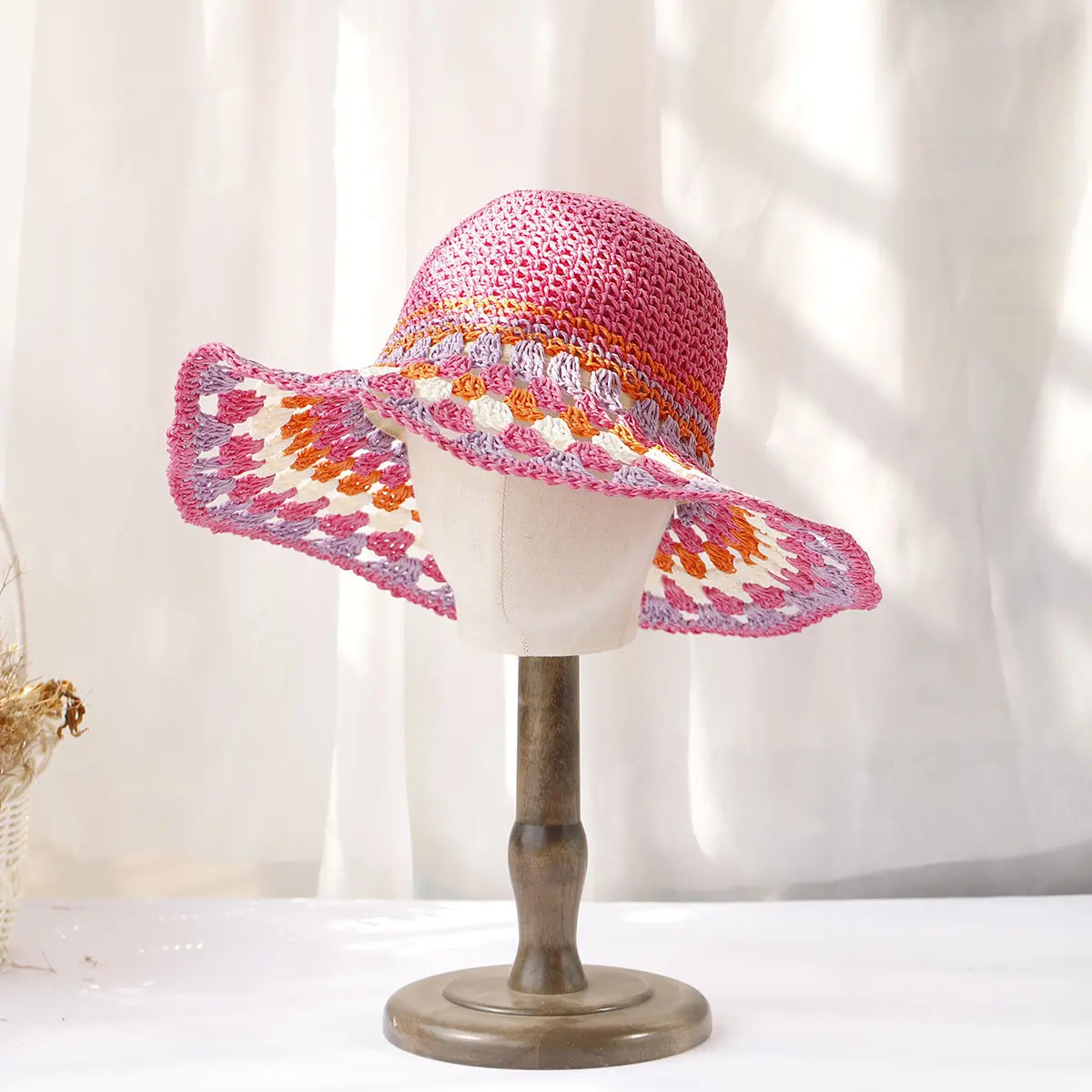 Vacation Big Field Beach Flower Bucket Hat Women Sun New Colorful Handmade Crochet Hollowed Paper Straw Hat