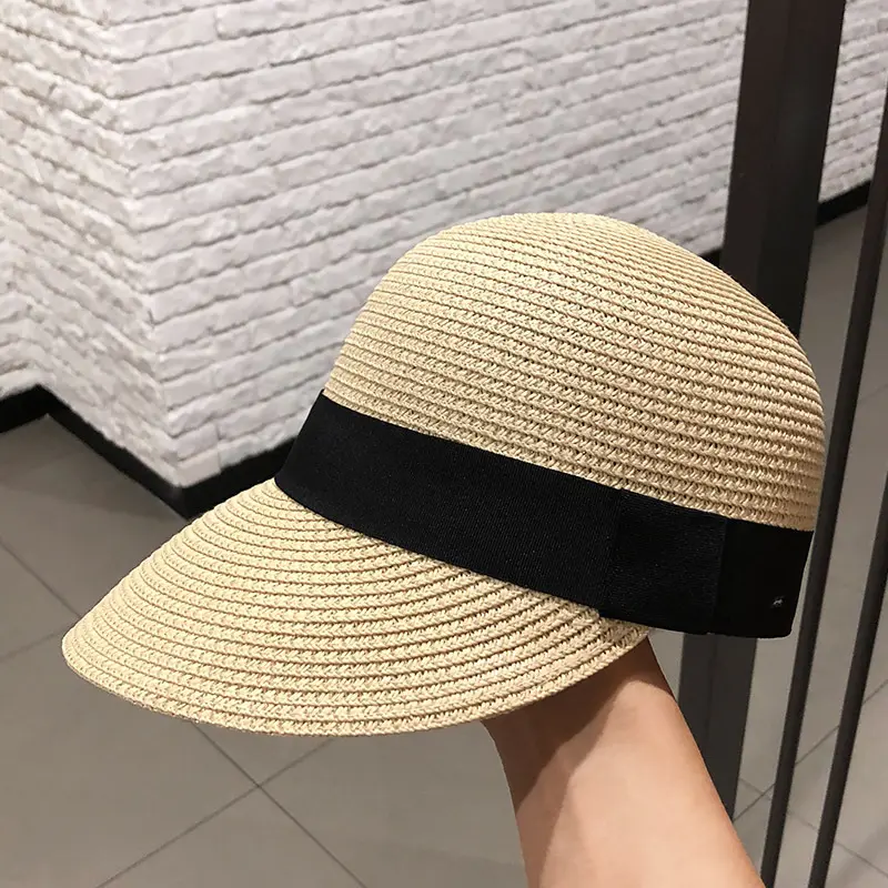 Lady Woven Equestrian Hat Outdoor Round Top Beach Leisure Sun Protection Paper Straw Baseball Hat