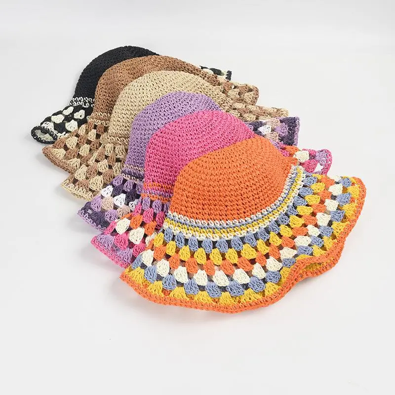 Vacation Big Field Beach Flower Bucket Hat Women Sun New Colorful Handmade Crochet Hollowed Paper Straw Hat