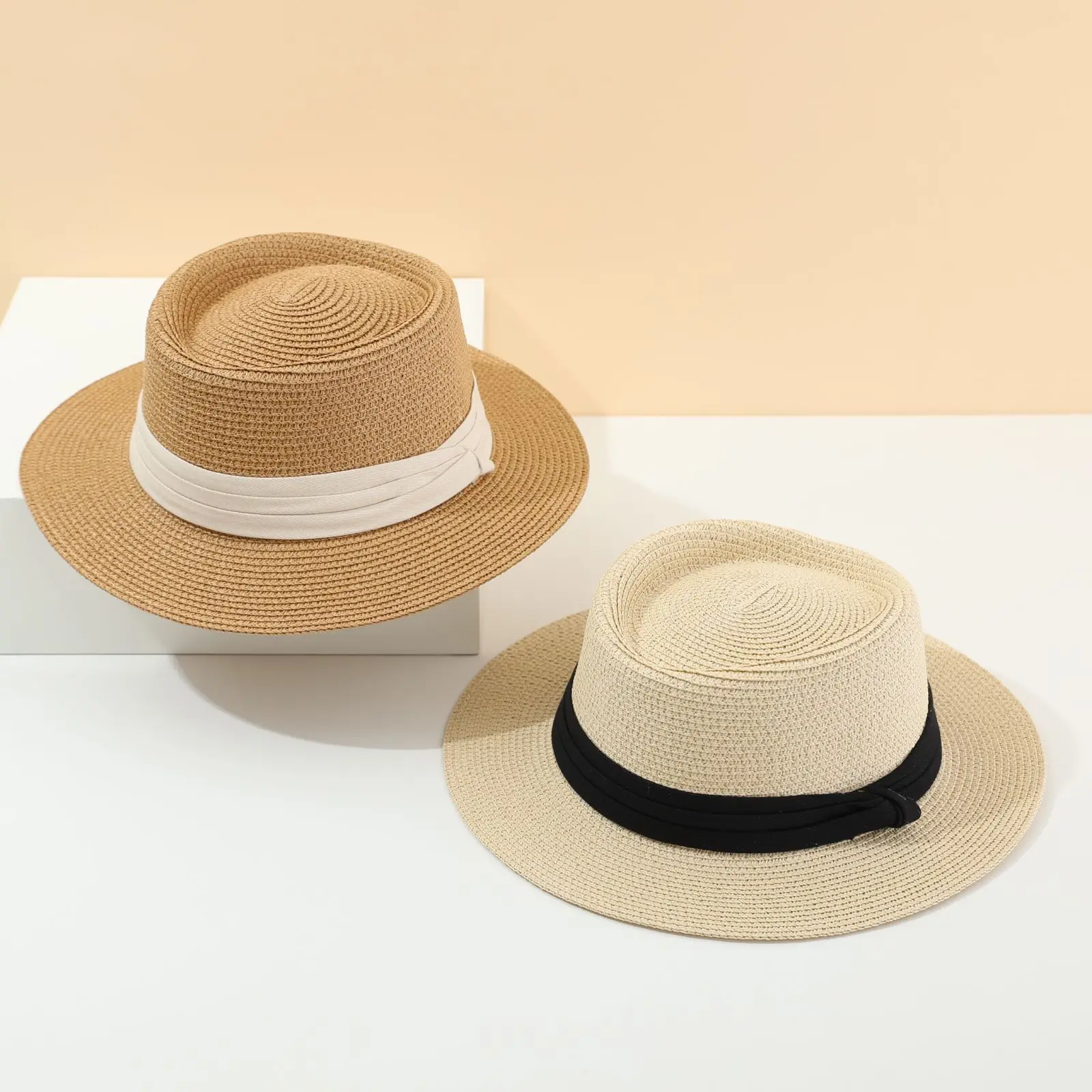 Women British Retro Concave Round Sun Casual Beach Straw Hat With Cotton Ribbon Band