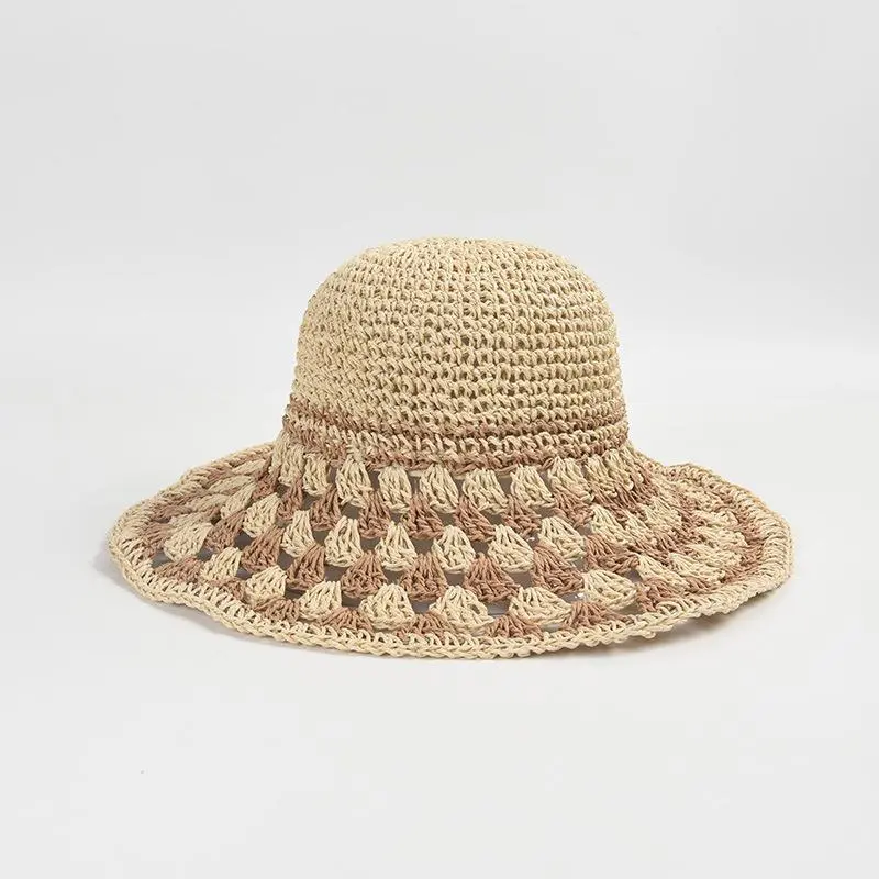 Vacation Big Field Beach Flower Bucket Hat Women Sun New Colorful Handmade Crochet Hollowed Paper Straw Hat