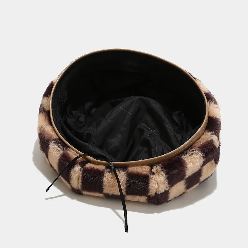 Female Fashionable Versatile Cat Ears Plaid Plush Painter Hat Checked Design Warm Chessboard Beret