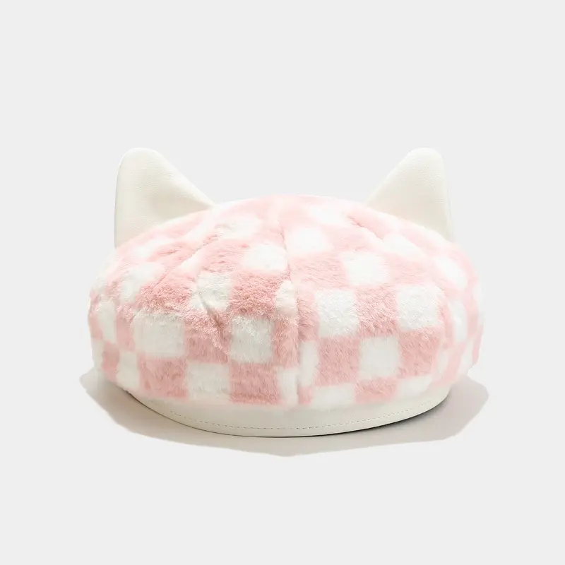 Female Fashionable Versatile Cat Ears Plaid Plush Painter Hat Checked Design Warm Chessboard Beret