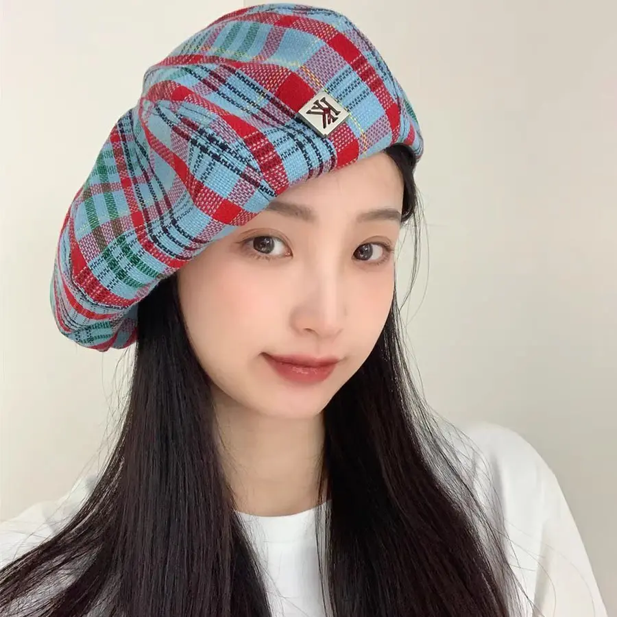 Ladies Fashion Plaid Design Large Head Big Cloud Beret Pumpkin Checkered Adjustable Painter Hat