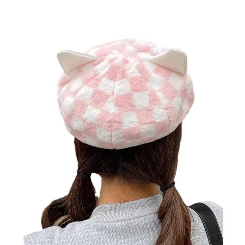 Female Fashionable Versatile Cat Ears Plaid Plush Painter Hat Checked Design Warm Chessboard Beret