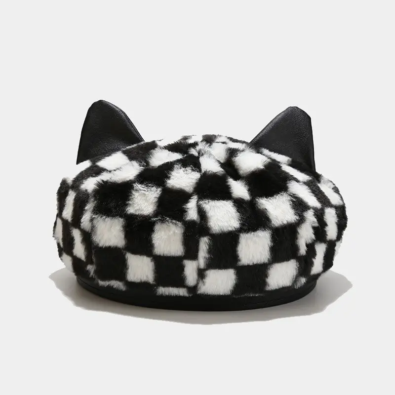 Female Fashionable Versatile Cat Ears Plaid Plush Painter Hat Checked Design Warm Chessboard Beret