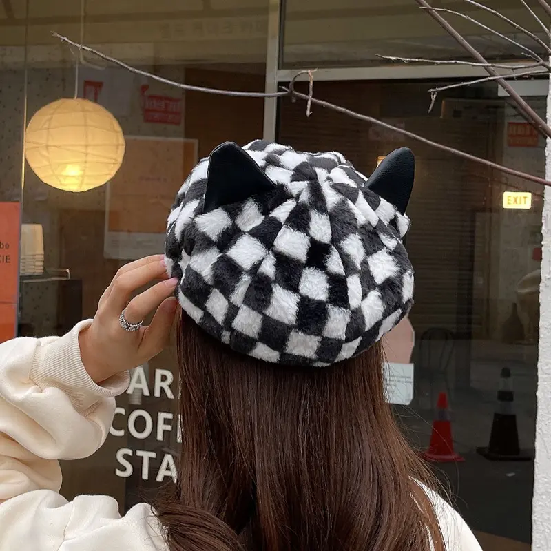 Female Fashionable Versatile Cat Ears Plaid Plush Painter Hat Checked Design Warm Chessboard Beret