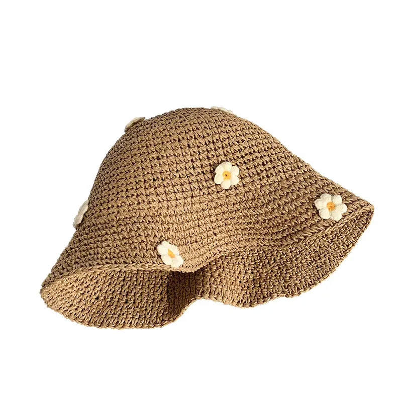 Flower Daisy Woven Women Summer Breathable Sunshade Bucket Hat Fresh Paper Foldable Grass Hat