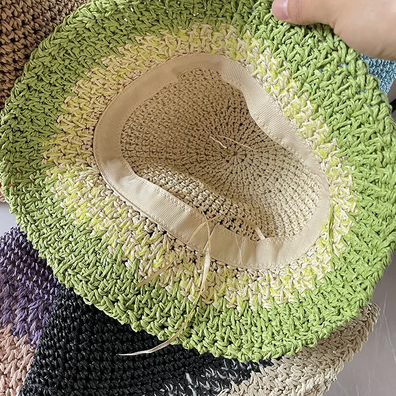 Woven Summer Breathable Sun Handmade Crochet Contrast Fresh Colors Paper Bucket Straw Hat