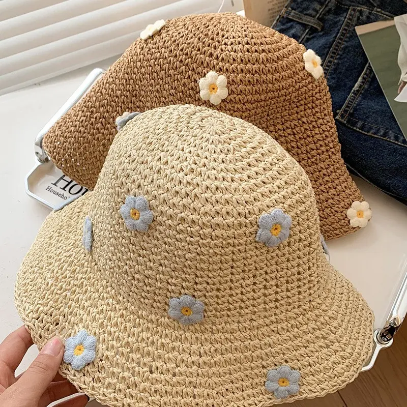Flower Daisy Woven Women Summer Breathable Sunshade Bucket Hat Fresh Paper Foldable Grass Hat