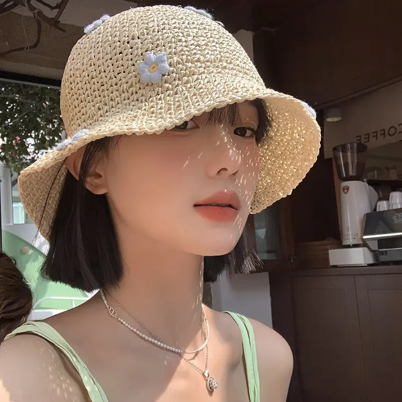 Flower Daisy Woven Women Summer Breathable Sunshade Bucket Hat Fresh Paper Foldable Grass Hat