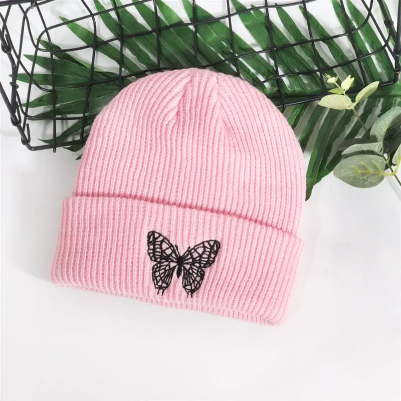 New Fashion Trend Butterfly Embroidery Knitted Hat Warm Breathable Solid Colors Acrylic Hat