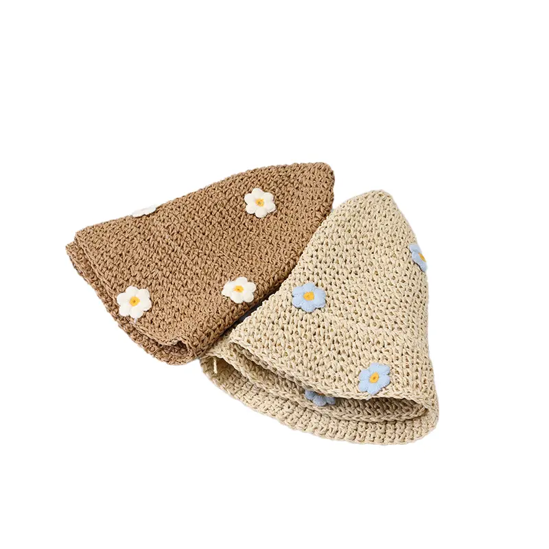 Flower Daisy Woven Women Summer Breathable Sunshade Bucket Hat Fresh Paper Foldable Grass Hat