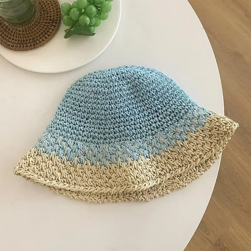 Woven Summer Breathable Sun Handmade Crochet Contrast Fresh Colors Paper Bucket Straw Hat