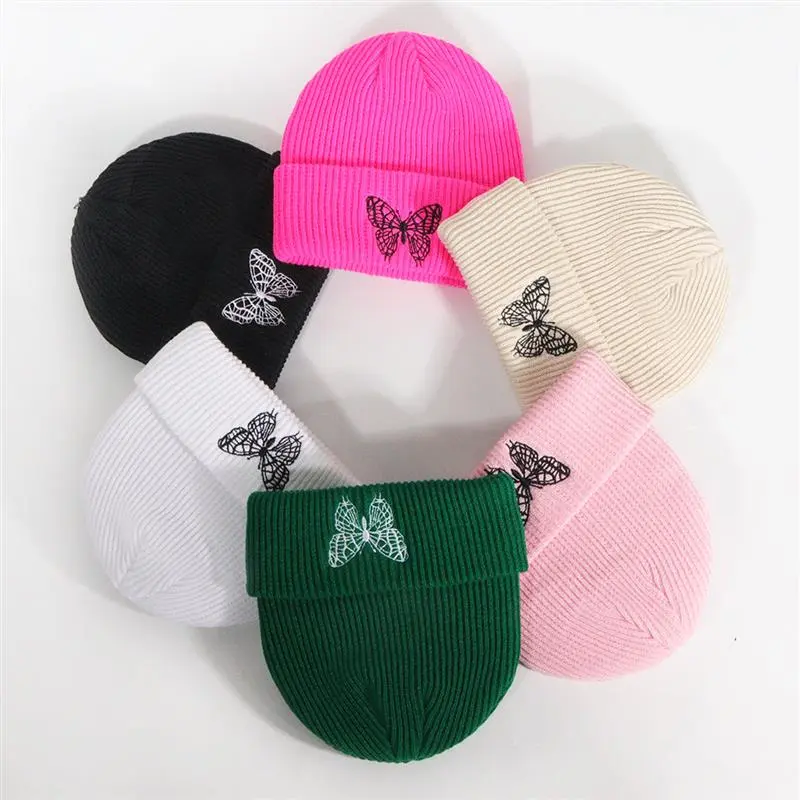 New Fashion Trend Butterfly Embroidery Knitted Hat Warm Breathable Solid Colors Acrylic Hat