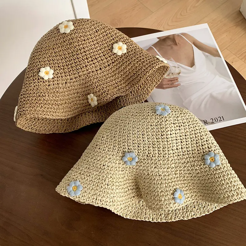 Flower Daisy Woven Women Summer Breathable Sunshade Bucket Hat Fresh Paper Foldable Grass Hat