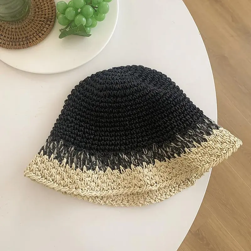 Woven Summer Breathable Sun Handmade Crochet Contrast Fresh Colors Paper Bucket Straw Hat