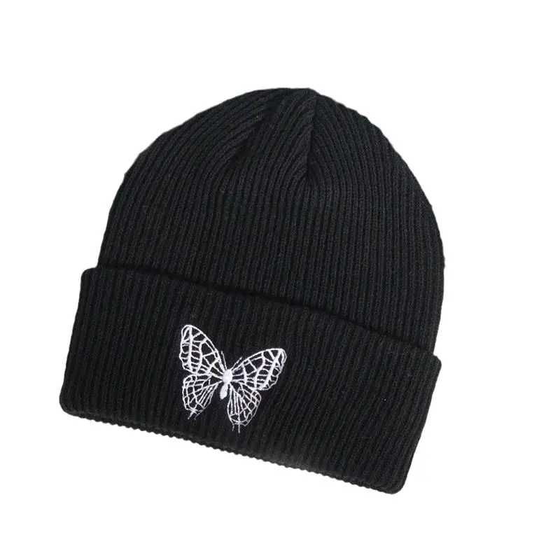 New Fashion Trend Butterfly Embroidery Knitted Hat Warm Breathable Solid Colors Acrylic Hat