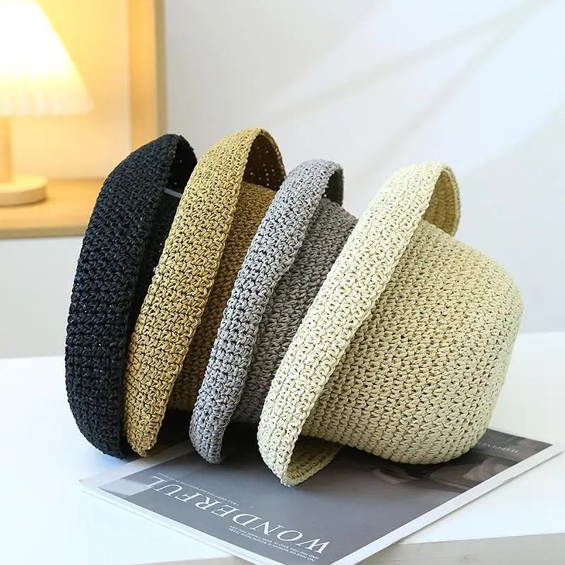 Women Round Top Roll Edge Sun Protection Hat Handmade Straw Woven Basin Caps Paper Bucket Hat