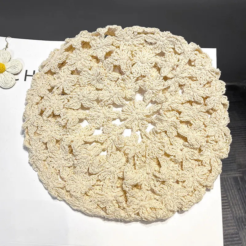 Lady Vintage Flowers Hollow Handmade Beret Hat Thin Breathable Cotton Crochet Cute Beige Black Beret Caps