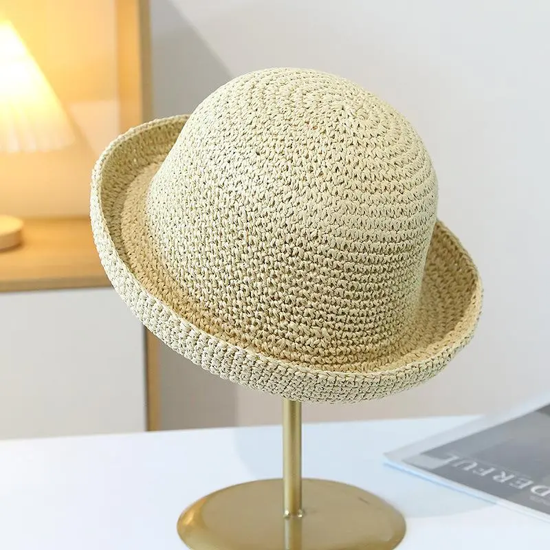Women Round Top Roll Edge Sun Protection Hat Handmade Straw Woven Basin Caps Paper Bucket Hat