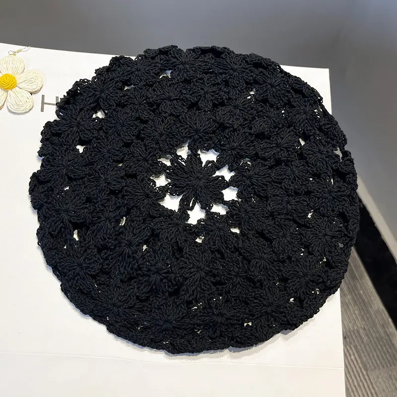 Lady Vintage Flowers Hollow Handmade Beret Hat Thin Breathable Cotton Crochet Cute Beige Black Beret Caps