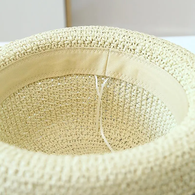 Women Round Top Roll Edge Sun Protection Hat Handmade Straw Woven Basin Caps Paper Bucket Hat