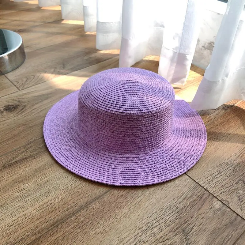 Colorful Boater Flat Top Panama Hat Fresh French Style Beach Solid Sun Breathable Paper Straw Hat