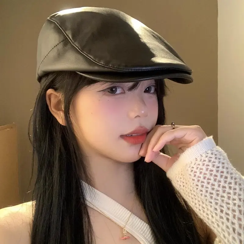 Women Soft Pu Leather Newsboy Ivy Caps Beret Casual British Retro Vintage Flat Driving Peaky Cap Casquette