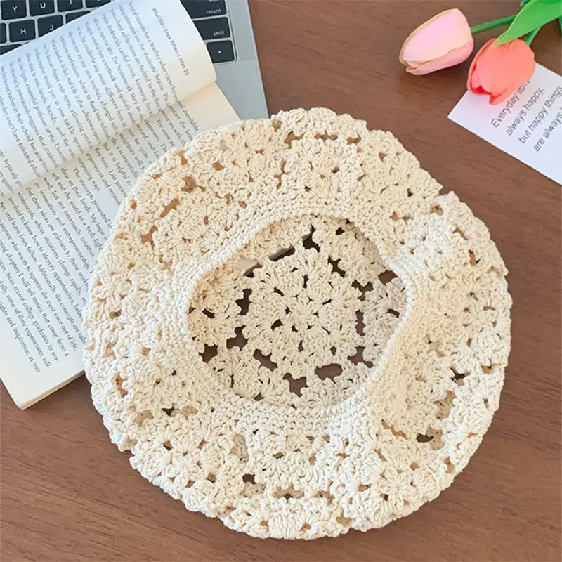 Lady Vintage Flowers Hollow Handmade Beret Hat Thin Breathable Cotton Crochet Cute Beige Black Beret Caps