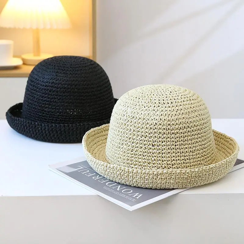 Women Round Top Roll Edge Sun Protection Hat Handmade Straw Woven Basin Caps Paper Bucket Hat