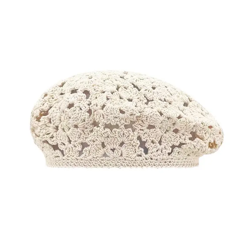 Lady Vintage Flowers Hollow Handmade Beret Hat Thin Breathable Cotton Crochet Cute Beige Black Beret Caps