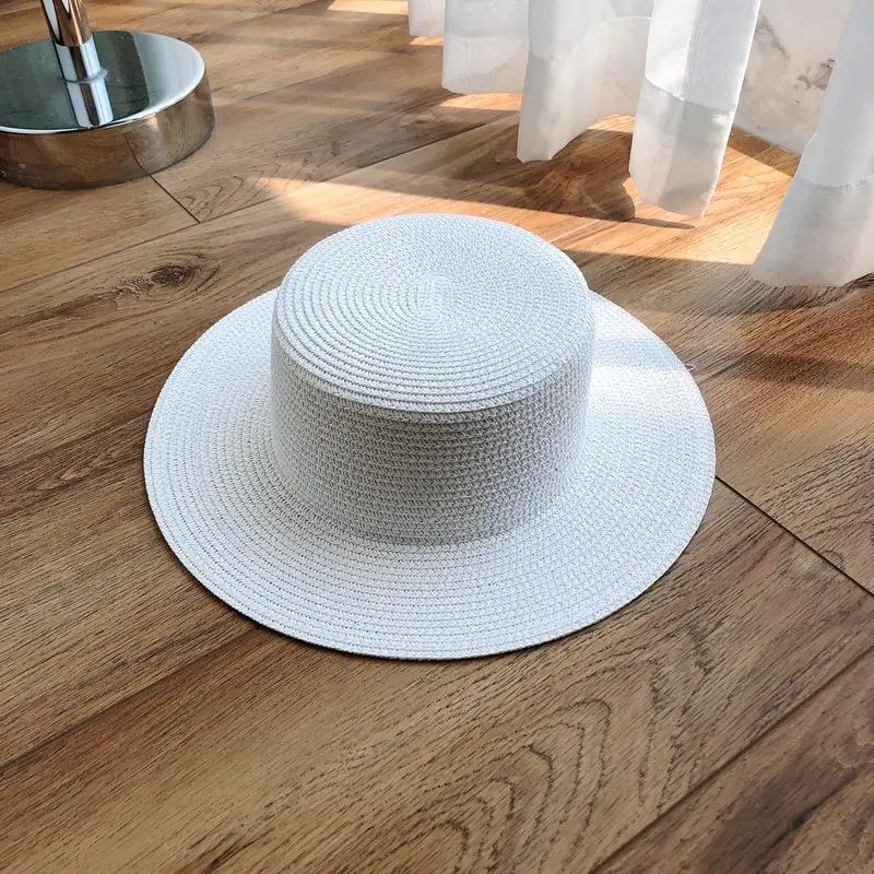 Colorful Boater Flat Top Panama Hat Fresh French Style Beach Solid Sun Breathable Paper Straw Hat