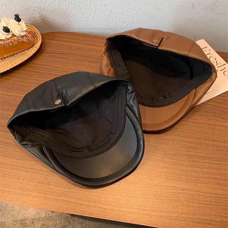 Women Soft Pu Leather Newsboy Ivy Caps Beret Casual British Retro Vintage Flat Driving Peaky Cap Casquette