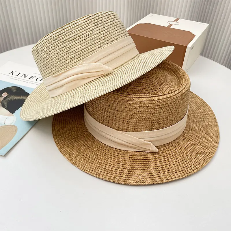 Women's Casual Round Top Flat Brim Paper Straw Beach Hat Fold Band Girls Retro Sun Hat