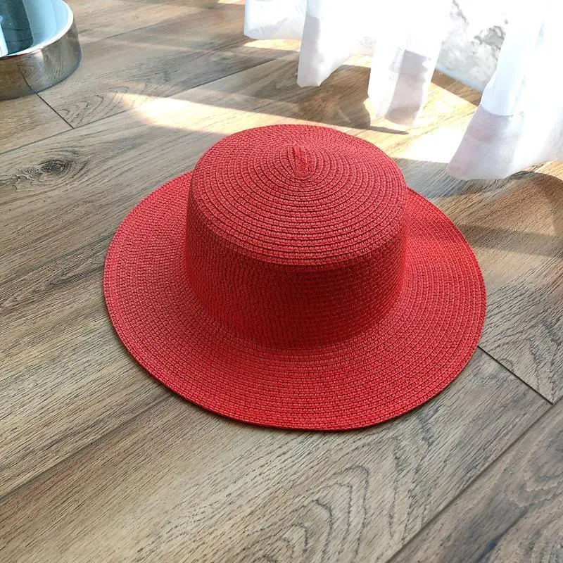 Colorful Boater Flat Top Panama Hat Fresh French Style Beach Solid Sun Breathable Paper Straw Hat