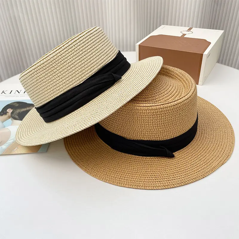 Women's Casual Round Top Flat Brim Paper Straw Beach Hat Fold Band Girls Retro Sun Hat