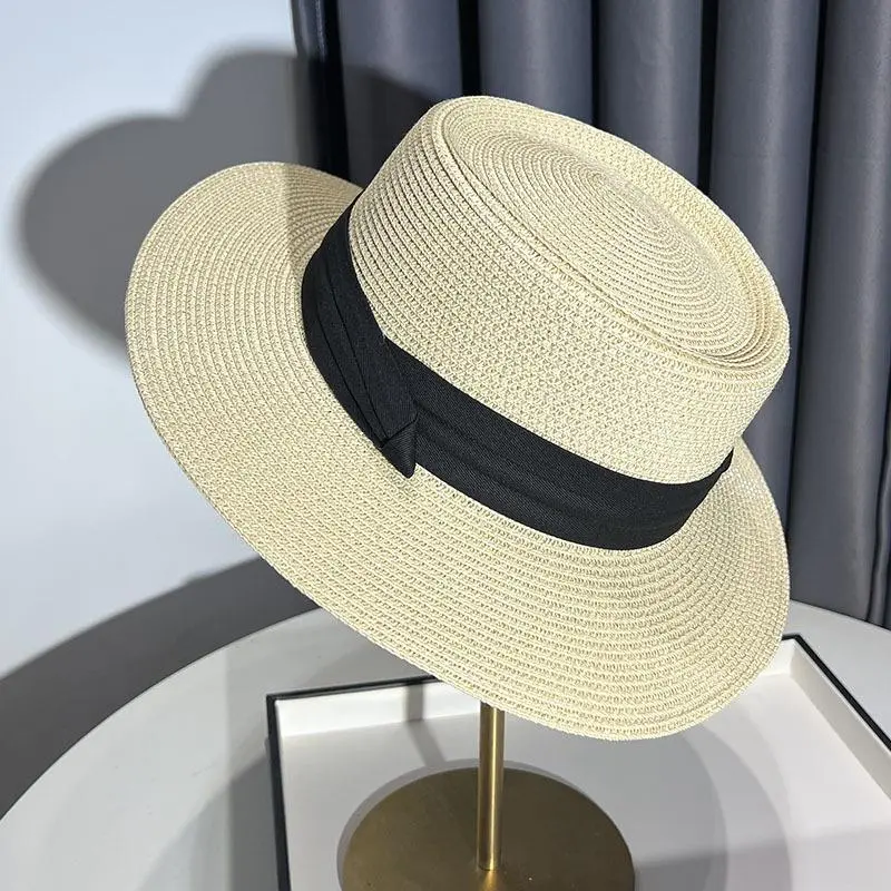 Women's Casual Round Top Flat Brim Paper Straw Beach Hat Fold Band Girls Retro Sun Hat