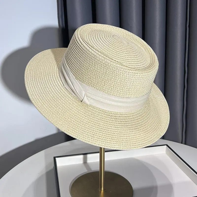 Women's Casual Round Top Flat Brim Paper Straw Beach Hat Fold Band Girls Retro Sun Hat
