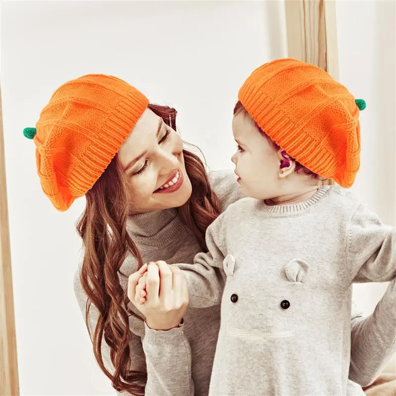 Autumn Winter Parent Child Knit Hat Cute Halloween Pumpkin Warm Kids Sweet Orange Beret Hat