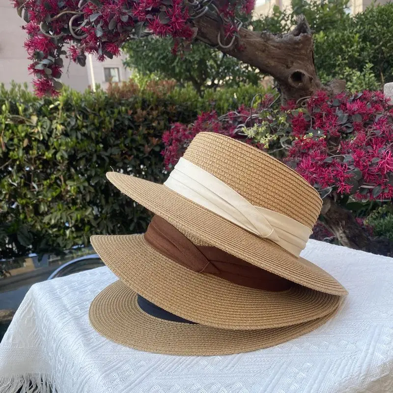 Women's Casual Round Top Flat Brim Paper Straw Beach Hat Fold Band Girls Retro Sun Hat