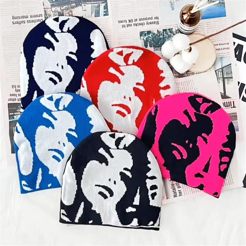 Autumn Winter Hot Ins Portrait Pattern Y2K Knit Beanies Popular Personalized Hip Hop Casual Paragraph Outdoor Hat