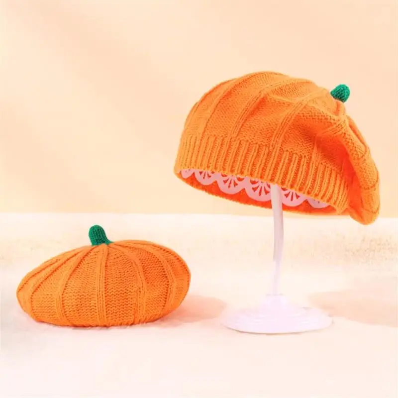 Autumn Winter Parent Child Knit Hat Cute Halloween Pumpkin Warm Kids Sweet Orange Beret Hat