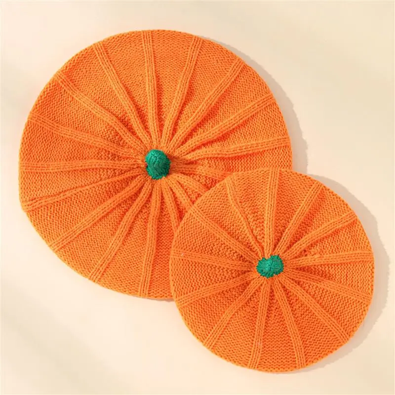 Autumn Winter Parent Child Knit Hat Cute Halloween Pumpkin Warm Kids Sweet Orange Beret Hat