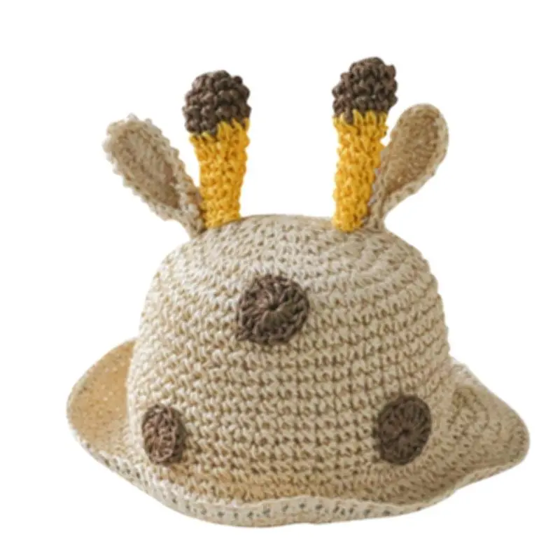 Handmade Children Straw Hat Deer Antler Sun Hat Cute Boys Girls Breathable Beach Outdoor Bucket Hat