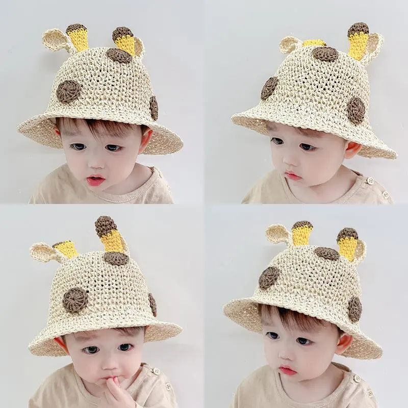 Handmade Children Straw Hat Deer Antler Sun Hat Cute Boys Girls Breathable Beach Outdoor Bucket Hat
