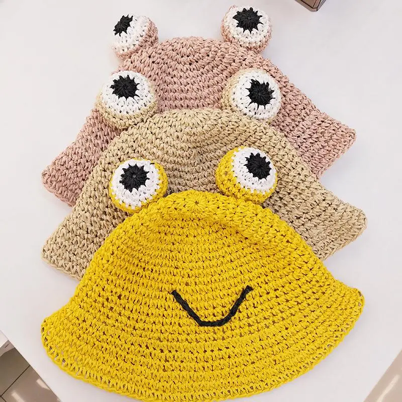 Children Breathable Sunshade Fisherman Hat Cute Frog Eyes Girl Boy Handmade Bucket Baby Sun Straw Hat