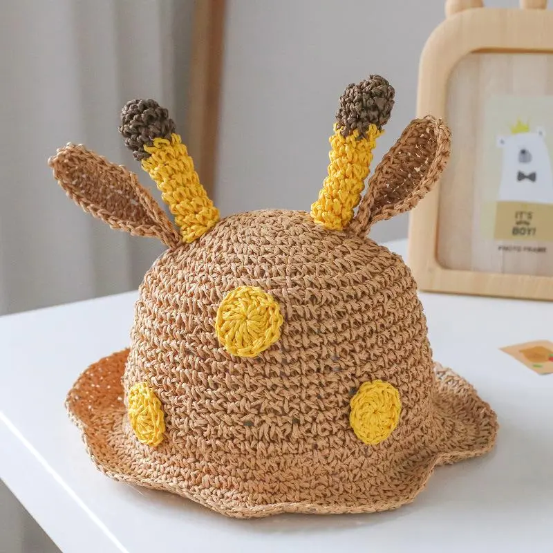 Handmade Children Straw Hat Deer Antler Sun Hat Cute Boys Girls Breathable Beach Outdoor Bucket Hat
