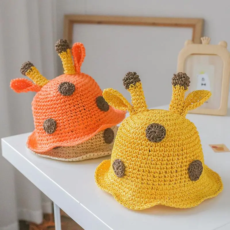 Handmade Children Straw Hat Deer Antler Sun Hat Cute Boys Girls Breathable Beach Outdoor Bucket Hat